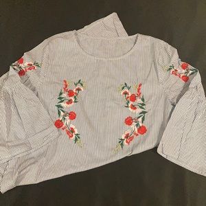 Blue pinstripe floral shirt dress with embroidery